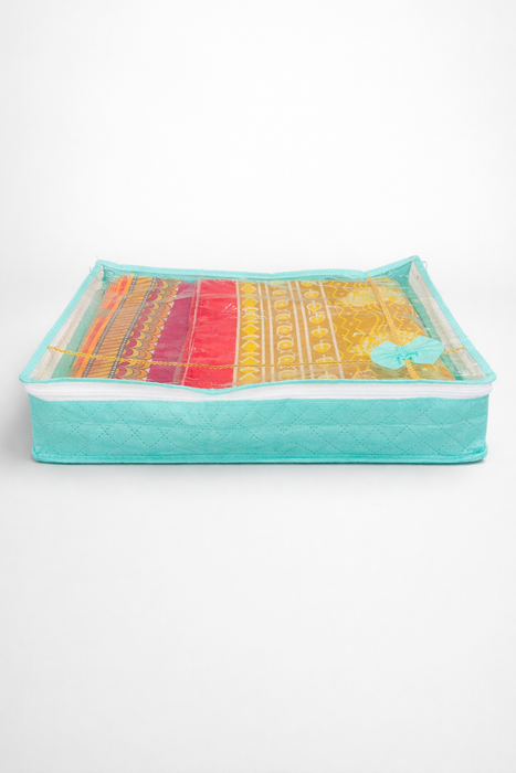 Green Saree Organizer with Transparent Cover | Non Woven Storage Bag with Zip Closure