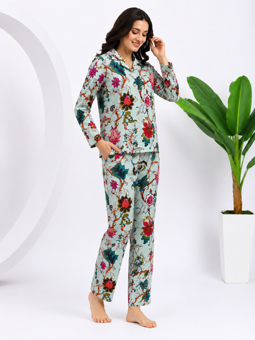 Women’s 100% Cotton Floral Printed Night Suit Set | Full Sleeve Button-Down Shirt & Pajama Co-ord Sleepwear with Pockets