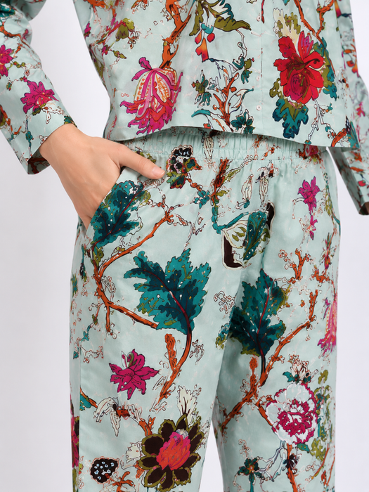 Women’s 100% Cotton Floral Printed Night Suit Set | Full Sleeve Button-Down Shirt & Pajama Co-ord Sleepwear with Pockets