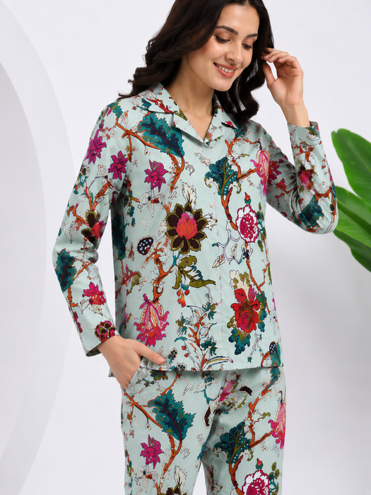 Women’s 100% Cotton Floral Printed Night Suit Set | Full Sleeve Button-Down Shirt & Pajama Co-ord Sleepwear with Pockets