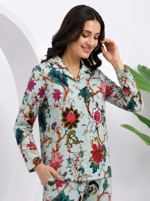 Women’s 100% Cotton Floral Printed Night Suit Set | Full Sleeve Button-Down Shirt & Pajama Co-ord Sleepwear with Pockets