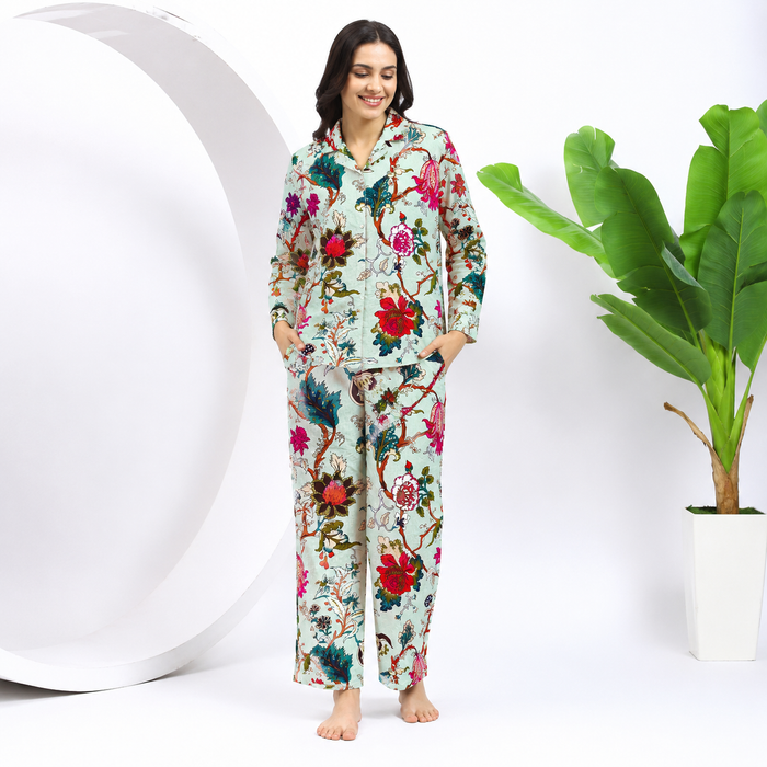 Women’s 100% Cotton Floral Printed Night Suit Set | Full Sleeve Button-Down Shirt & Pajama Co-ord Sleepwear with Pockets