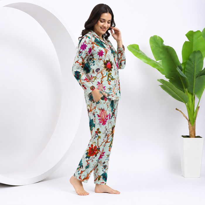 Women’s 100% Cotton Floral Printed Night Suit Set | Full Sleeve Button-Down Shirt & Pajama Co-ord Sleepwear with Pockets