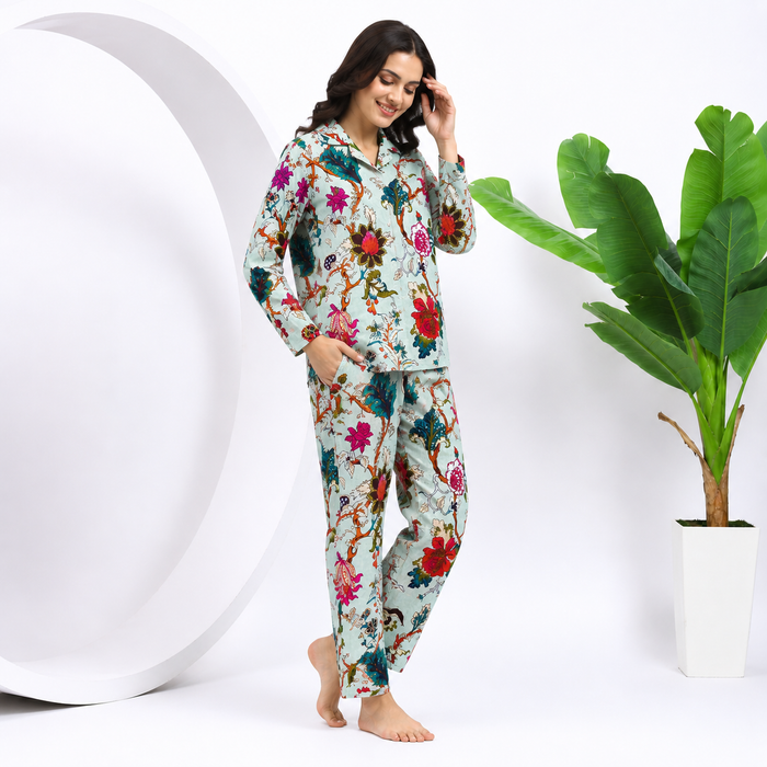 Women’s 100% Cotton Floral Printed Night Suit Set | Full Sleeve Button-Down Shirt & Pajama Co-ord Sleepwear with Pockets