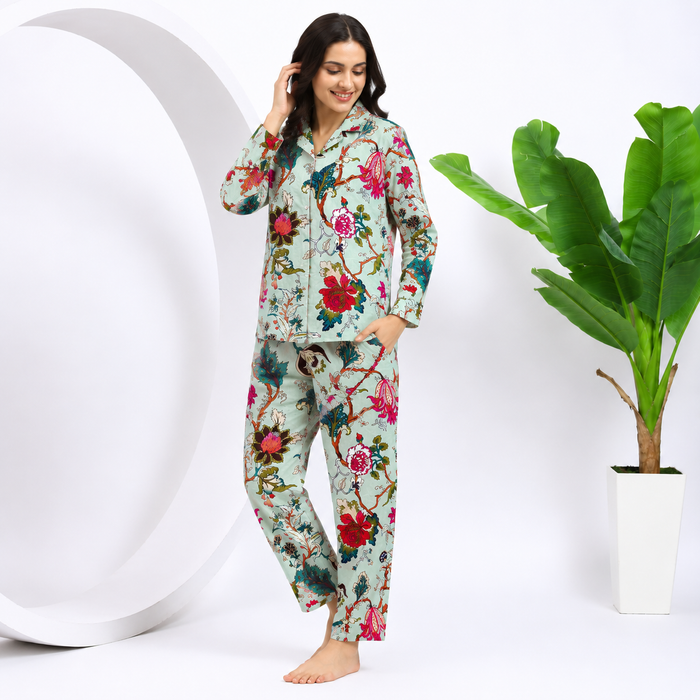 Women’s 100% Cotton Floral Printed Night Suit Set | Full Sleeve Button-Down Shirt & Pajama Co-ord Sleepwear with Pockets
