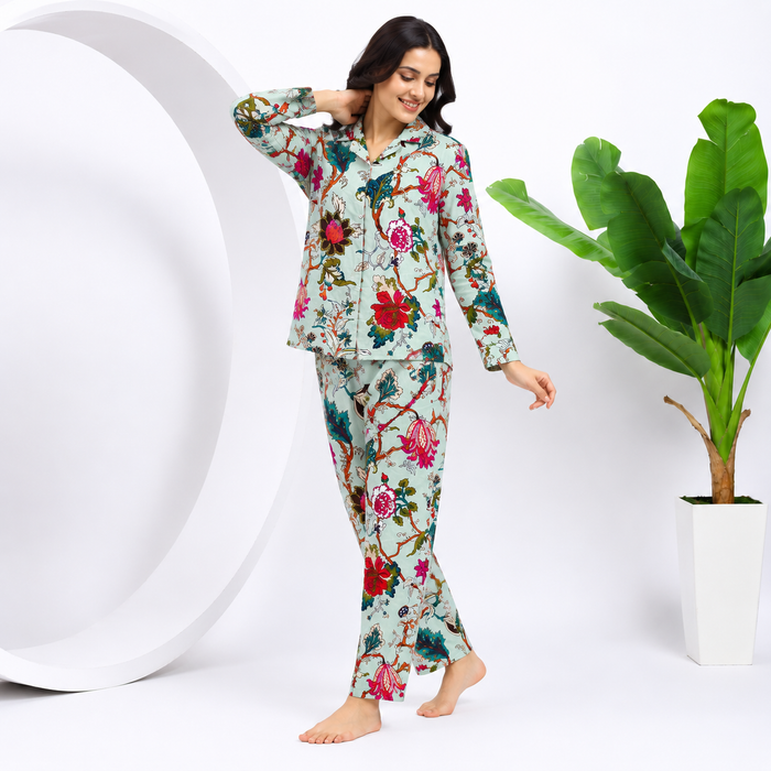 Women’s 100% Cotton Floral Printed Night Suit Set | Full Sleeve Button-Down Shirt & Pajama Co-ord Sleepwear with Pockets