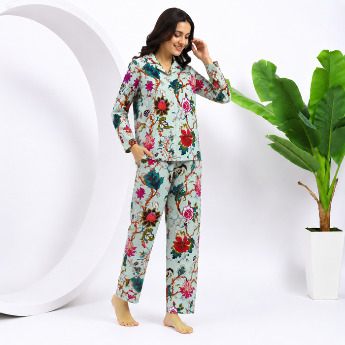 Women’s 100% Cotton Floral Printed Night Suit Set | Full Sleeve Button-Down Shirt & Pajama Co-ord Sleepwear with Pockets