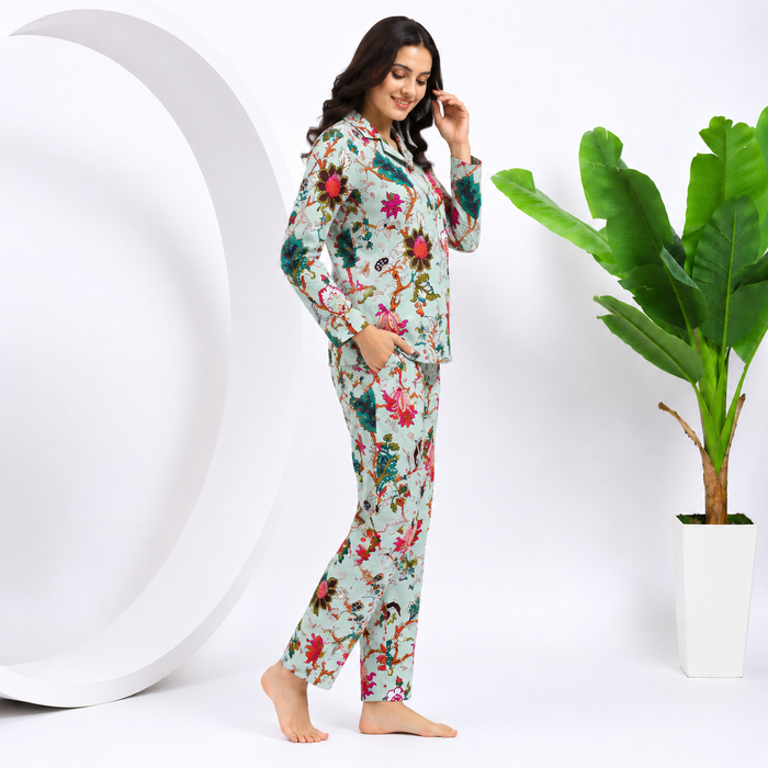 Women’s 100% Cotton Floral Printed Night Suit Set | Full Sleeve Button-Down Shirt & Pajama Co-ord Sleepwear with Pockets
