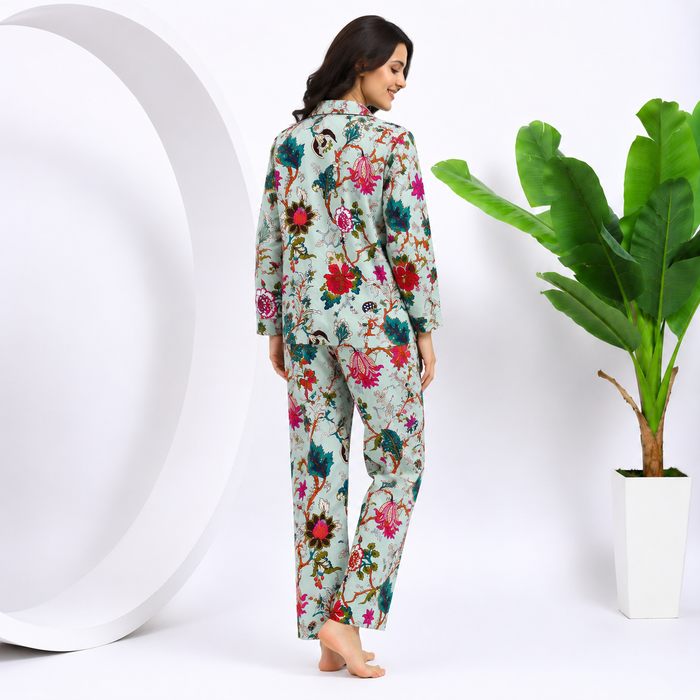 Women’s 100% Cotton Floral Printed Night Suit Set | Full Sleeve Button-Down Shirt & Pajama Co-ord Sleepwear with Pockets
