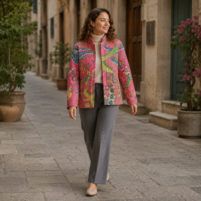 Women’s Quilted Jacket | Tropical Print Lightweight Quilted Coat | Full Sleeve Printed Jacket for Women | Stylish Casual Outerwear