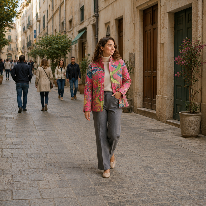 Women’s Quilted Jacket | Tropical Print Lightweight Quilted Coat | Full Sleeve Printed Jacket for Women | Stylish Casual Outerwear