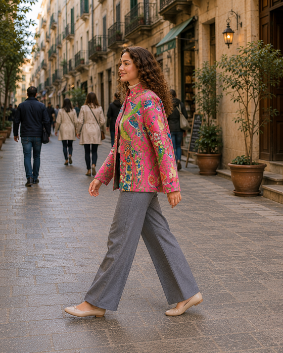 Women’s Quilted Jacket | Tropical Print Lightweight Quilted Coat | Full Sleeve Printed Jacket for Women | Stylish Casual Outerwear