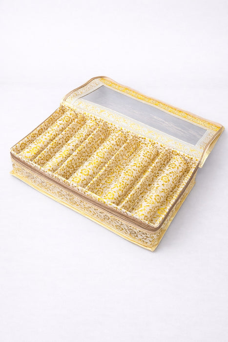 Golden 5 Compartment Bangle Box with Transparent Lid | Brocade Hardboard Five Rod Bangle Box