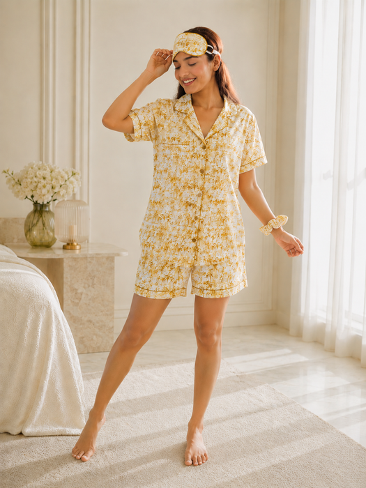 Yellow Cotton Short Night Suit Set with Eye Mask & Scrunchie for Women