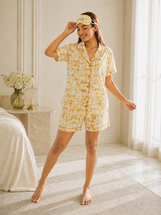 Yellow Cotton Short Night Suit Set with Eye Mask & Scrunchie for Women