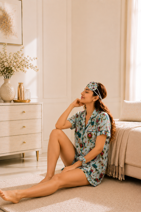 Women’s 100% Cotton Floral Print Short Night Suit with Eye Mask & Scrunchie | 3-Piece Sleepwear Set (Copy)