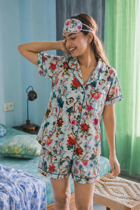 Women’s 100% Cotton Floral Print Short Night Suit with Eye Mask & Scrunchie | 3-Piece Sleepwear Set (Copy)