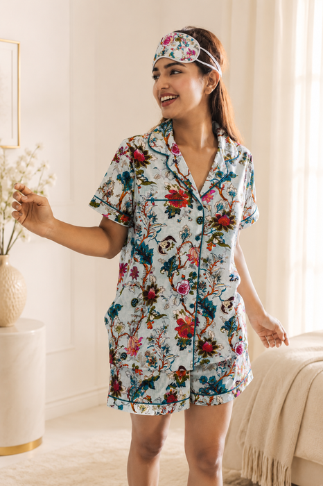 Women’s 100% Cotton Floral Print Short Night Suit with Eye Mask & Scrunchie | 3-Piece Sleepwear Set (Copy)
