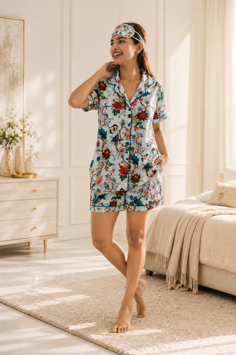 Women’s 100% Cotton Floral Print Short Night Suit with Eye Mask & Scrunchie | 3-Piece Sleepwear Set (Copy)