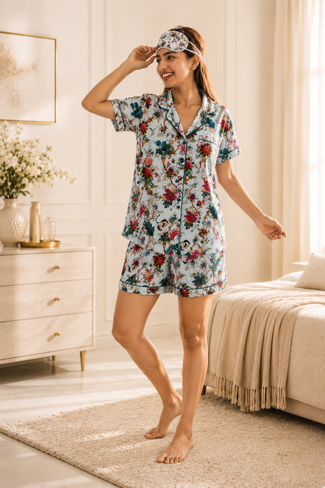 Women’s 100% Cotton Floral Print Short Night Suit with Eye Mask & Scrunchie | 3-Piece Sleepwear Set (Copy)
