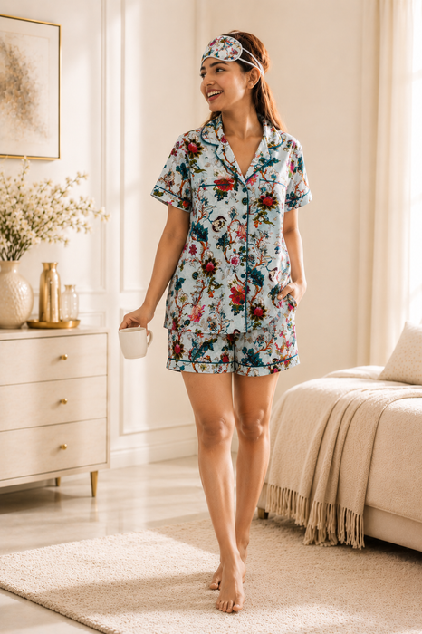 Women’s 100% Cotton Floral Print Short Night Suit with Eye Mask & Scrunchie | 3-Piece Sleepwear Set (Copy)