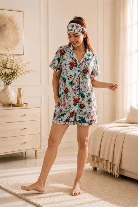 Women’s 100% Cotton Floral Print Short Night Suit with Eye Mask & Scrunchie | 3-Piece Sleepwear Set (Copy)