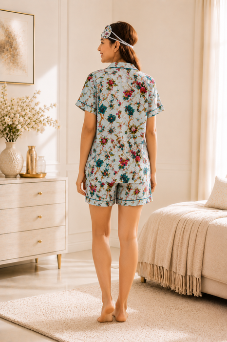 Women’s 100% Cotton Floral Print Short Night Suit with Eye Mask & Scrunchie | 3-Piece Sleepwear Set (Copy)