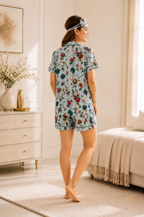 Women’s 100% Cotton Floral Print Short Night Suit with Eye Mask & Scrunchie | 3-Piece Sleepwear Set (Copy)