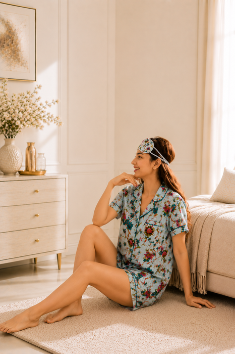 Women’s 100% Cotton Floral Print Short Night Suit with Eye Mask & Scrunchie | 3-Piece Sleepwear Set (Copy)