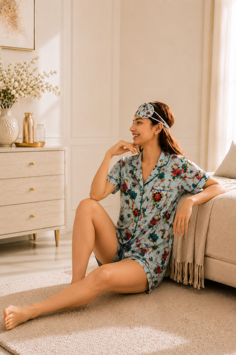 Women’s 100% Cotton Floral Print Short Night Suit with Eye Mask & Scrunchie | 3-Piece Sleepwear Set (Copy)