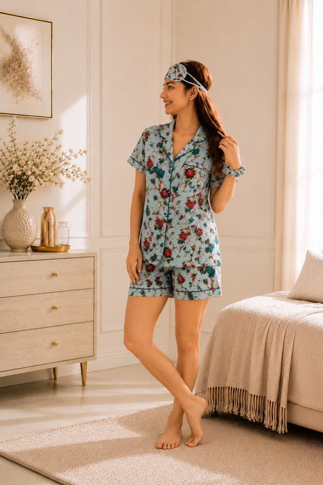 Women’s 100% Cotton Floral Print Short Night Suit with Eye Mask & Scrunchie | 3-Piece Sleepwear Set (Copy)