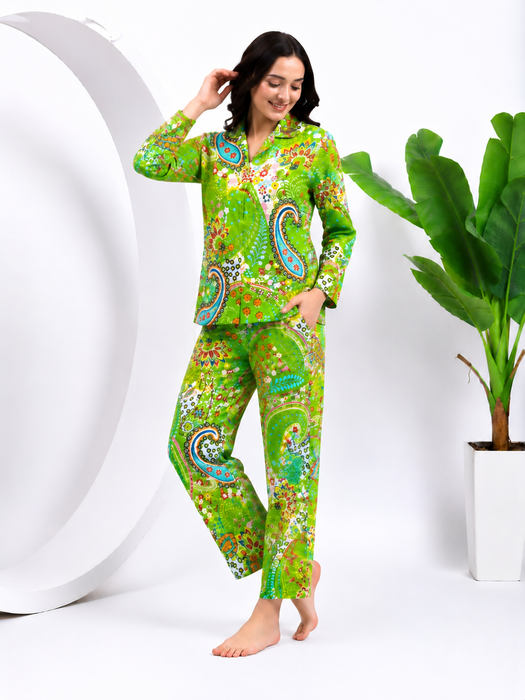 Women’s 100% Cotton Paisley Print Night Suit Set | Green Full Sleeve Button-Down Pajama Sleepwear with Pockets