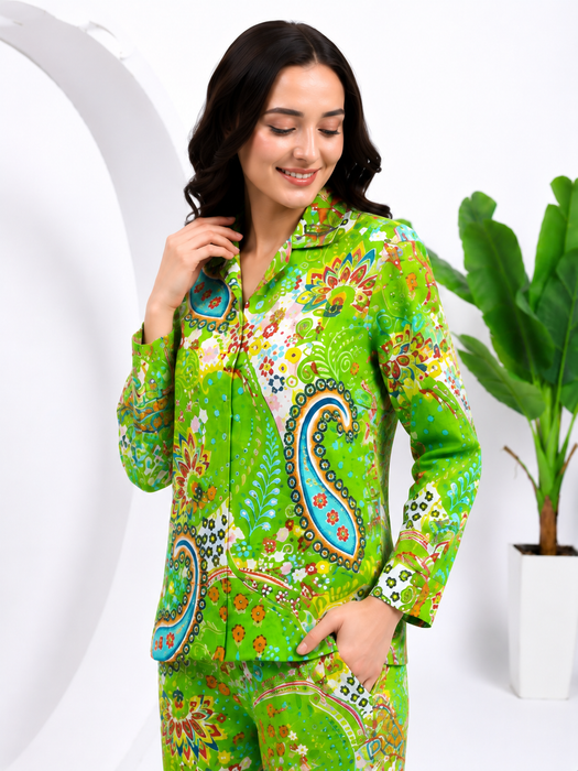Women’s 100% Cotton Paisley Print Night Suit Set | Green Full Sleeve Button-Down Pajama Sleepwear with Pockets