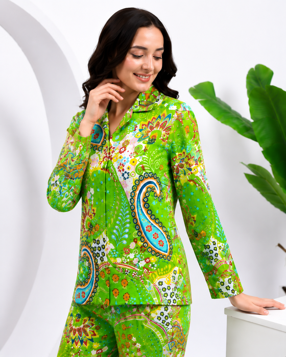 Women’s 100% Cotton Paisley Print Night Suit Set | Green Full Sleeve Button-Down Pajama Sleepwear with Pockets