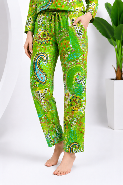 Women’s 100% Cotton Paisley Print Night Suit Set | Green Full Sleeve Button-Down Pajama Sleepwear with Pockets