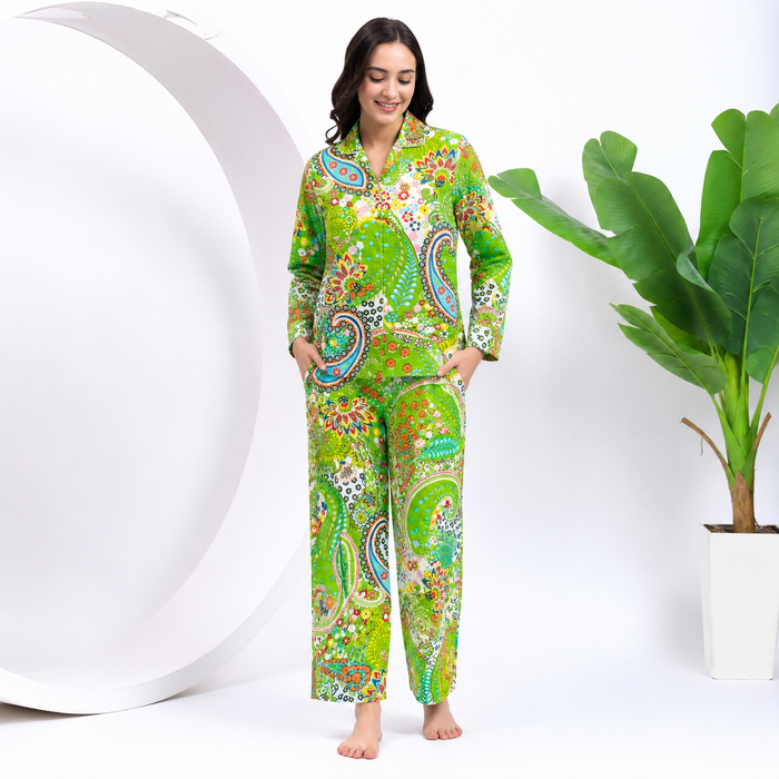 Women’s 100% Cotton Paisley Print Night Suit Set | Green Full Sleeve Button-Down Pajama Sleepwear with Pockets