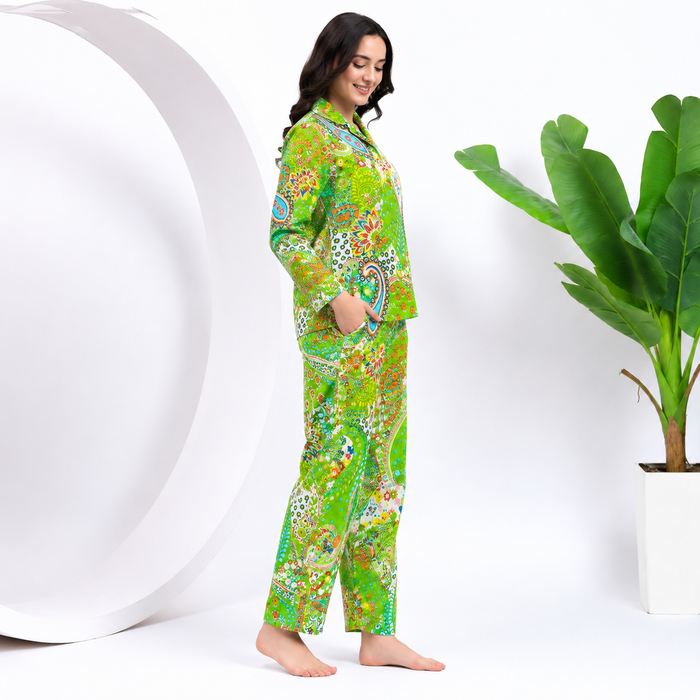Women’s 100% Cotton Paisley Print Night Suit Set | Green Full Sleeve Button-Down Pajama Sleepwear with Pockets