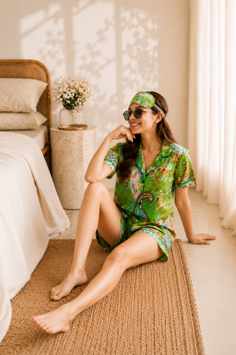 Women’s 100% Cotton Paisley Print Short Night Suit with Eye Mask & Scrunchie | 3-Piece Sleepwear Set