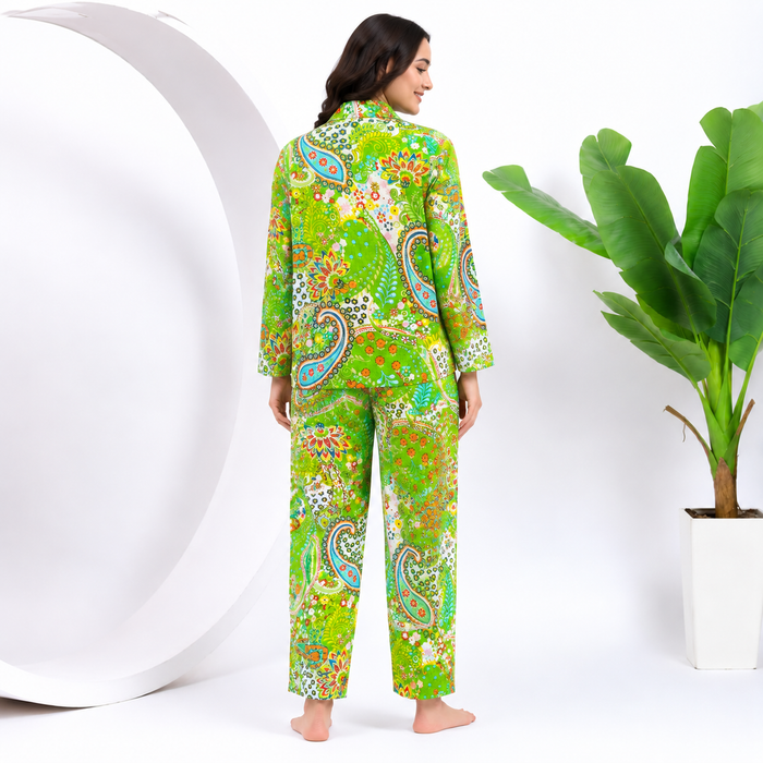 Women’s 100% Cotton Paisley Print Night Suit Set | Green Full Sleeve Button-Down Pajama Sleepwear with Pockets