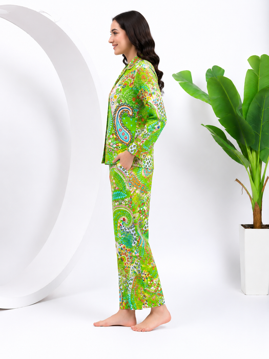 Women’s 100% Cotton Paisley Print Night Suit Set | Green Full Sleeve Button-Down Pajama Sleepwear with Pockets