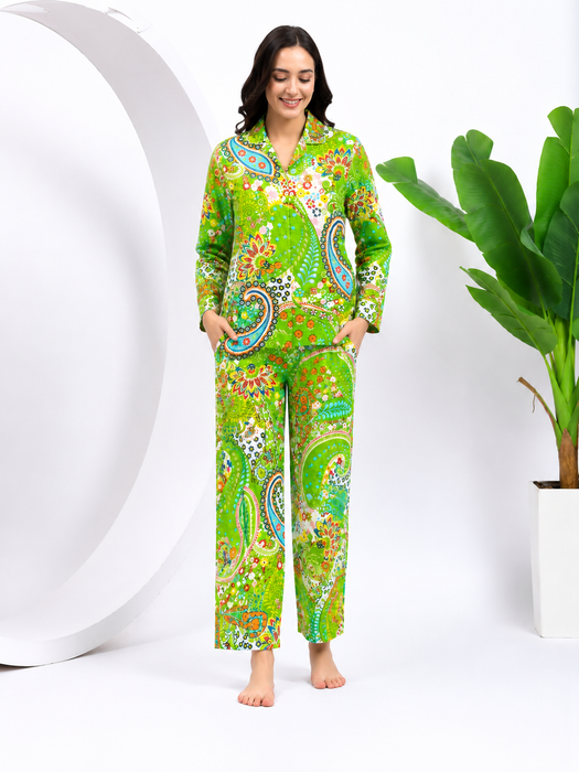 Women’s 100% Cotton Paisley Print Night Suit Set | Green Full Sleeve Button-Down Pajama Sleepwear with Pockets