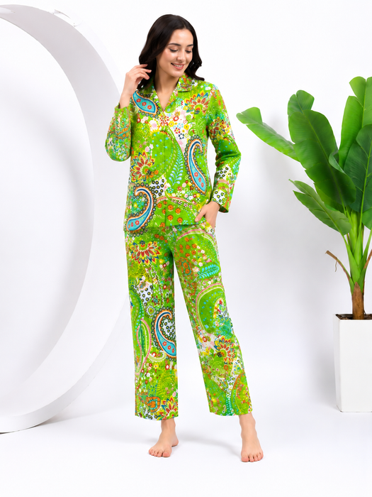 Women’s 100% Cotton Paisley Print Night Suit Set | Green Full Sleeve Button-Down Pajama Sleepwear with Pockets