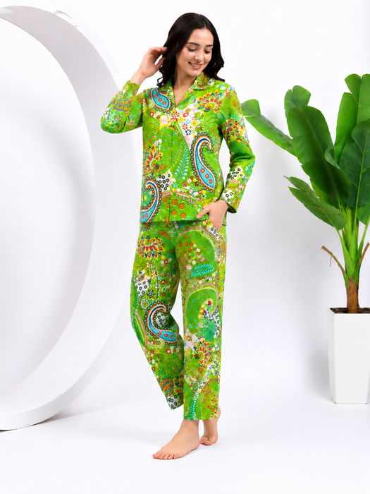 Women’s 100% Cotton Paisley Print Night Suit Set | Green Full Sleeve Button-Down Pajama Sleepwear with Pockets