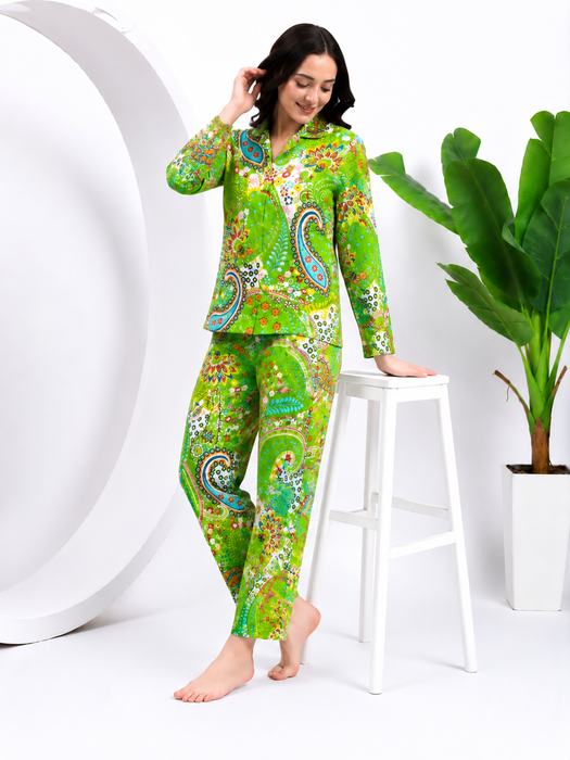 Women’s 100% Cotton Paisley Print Night Suit Set | Green Full Sleeve Button-Down Pajama Sleepwear with Pockets