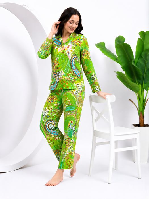 Women’s 100% Cotton Paisley Print Night Suit Set | Green Full Sleeve Button-Down Pajama Sleepwear with Pockets