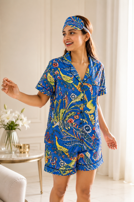 Women’s 100% Cotton Blue Printed Short Night Suit with Eye Mask & Scrunchie | 4-Piece Sleepwear Set