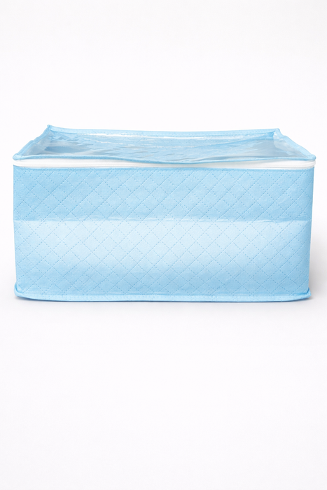 Sky Blue Saree Storage Organizer Bag with Transparent PVC Top & Dual Zipper | Foldable Clothes Storage Box for Sarees, Bedsheets & Blankets