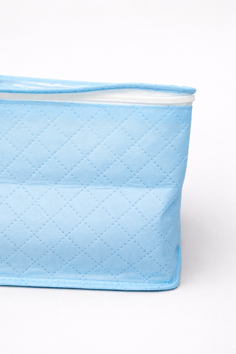 Sky Blue Saree Storage Organizer Bag with Transparent PVC Top & Dual Zipper | Foldable Clothes Storage Box for Sarees, Bedsheets & Blankets