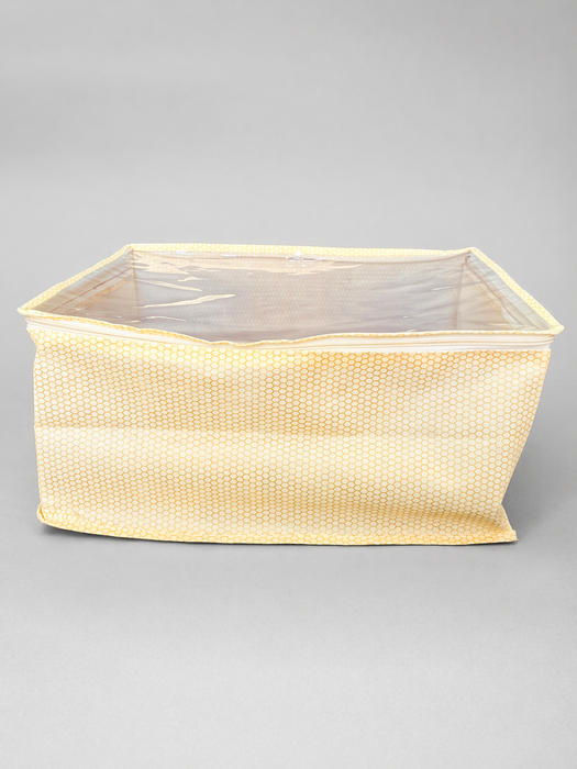 Golden Saree Storage Box with Transparent PVC Cover | Non Woven Clothes Organizer with Zip Closure