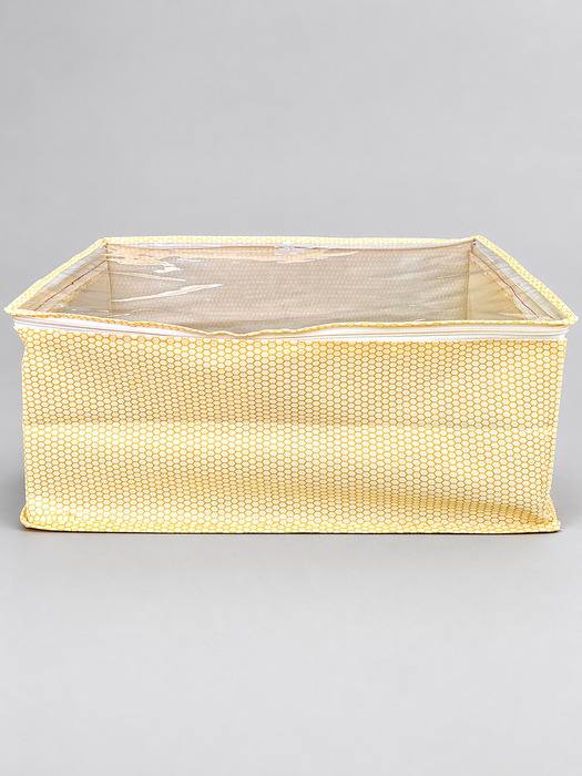 Golden Saree Storage Box with Transparent PVC Cover | Non Woven Clothes Organizer with Zip Closure